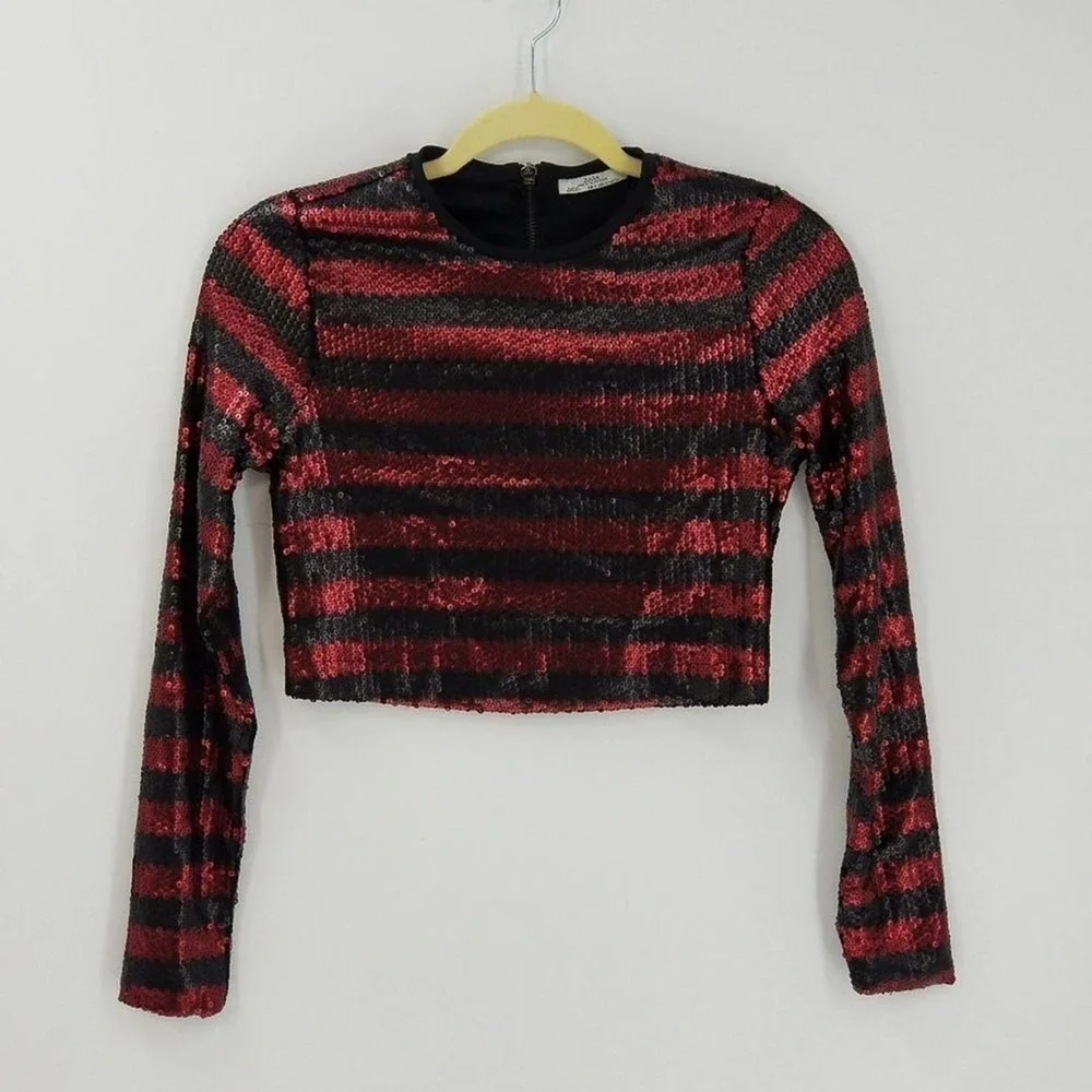 Zara Metallic Sequin Striped Long Sleeve Round Neck Cropped Top Red Black Size S